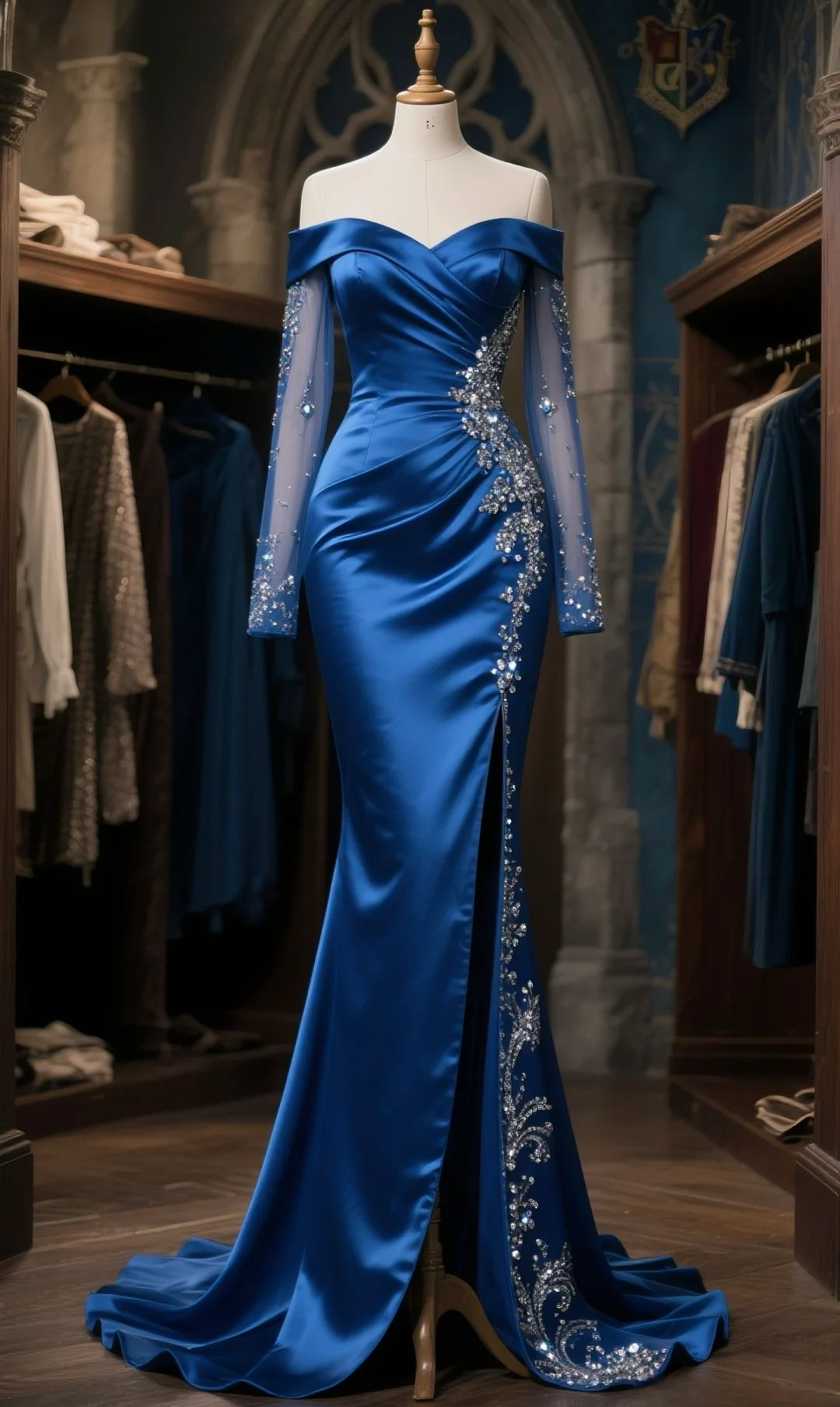 Elegant Off The Shoulder Satin Tulle Long Sleeves Beaded Slit Long Prom Dress, Evening Dress