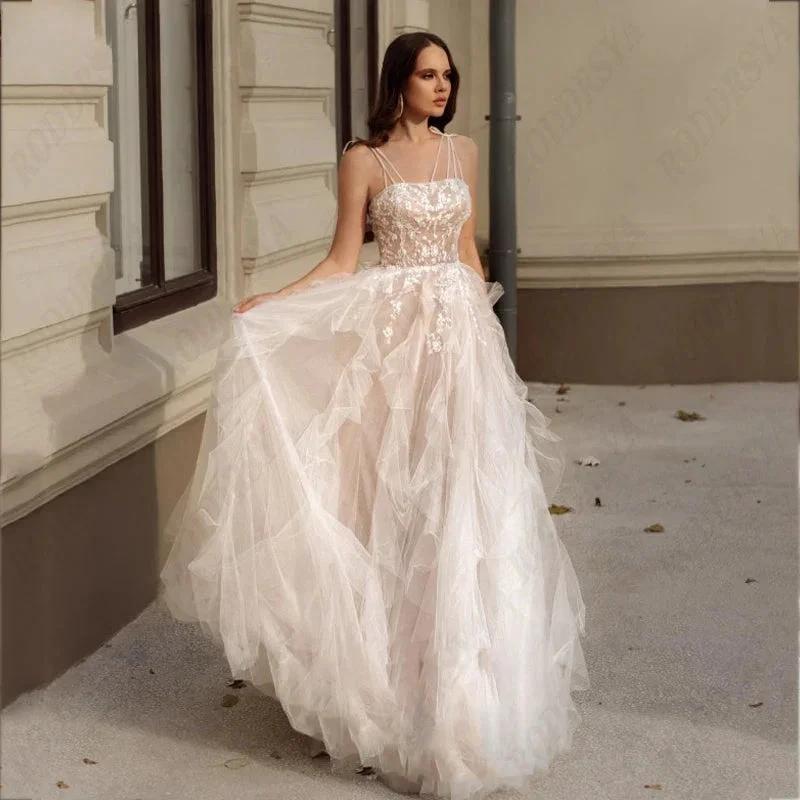 Elegant Spaghetti Straps Wedding Dress Sexy Lace Up Backless Robe Romantic Square Collar Tulle Bridal Gowns (ZD13560) - VelvetHem