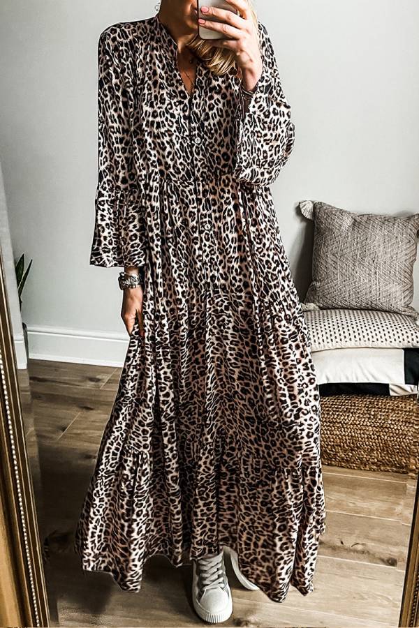 Avery Premium Apricot Tiered Leopard Print Maxi Dress with Wide Sleeves Chic Silhouette Collection