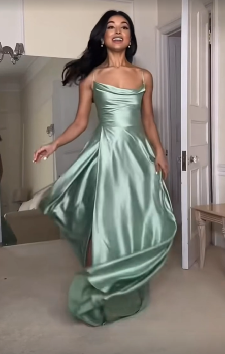 Sexy Slit Satin Evening Dress Spaghetti Straps A Line Prom Dress
