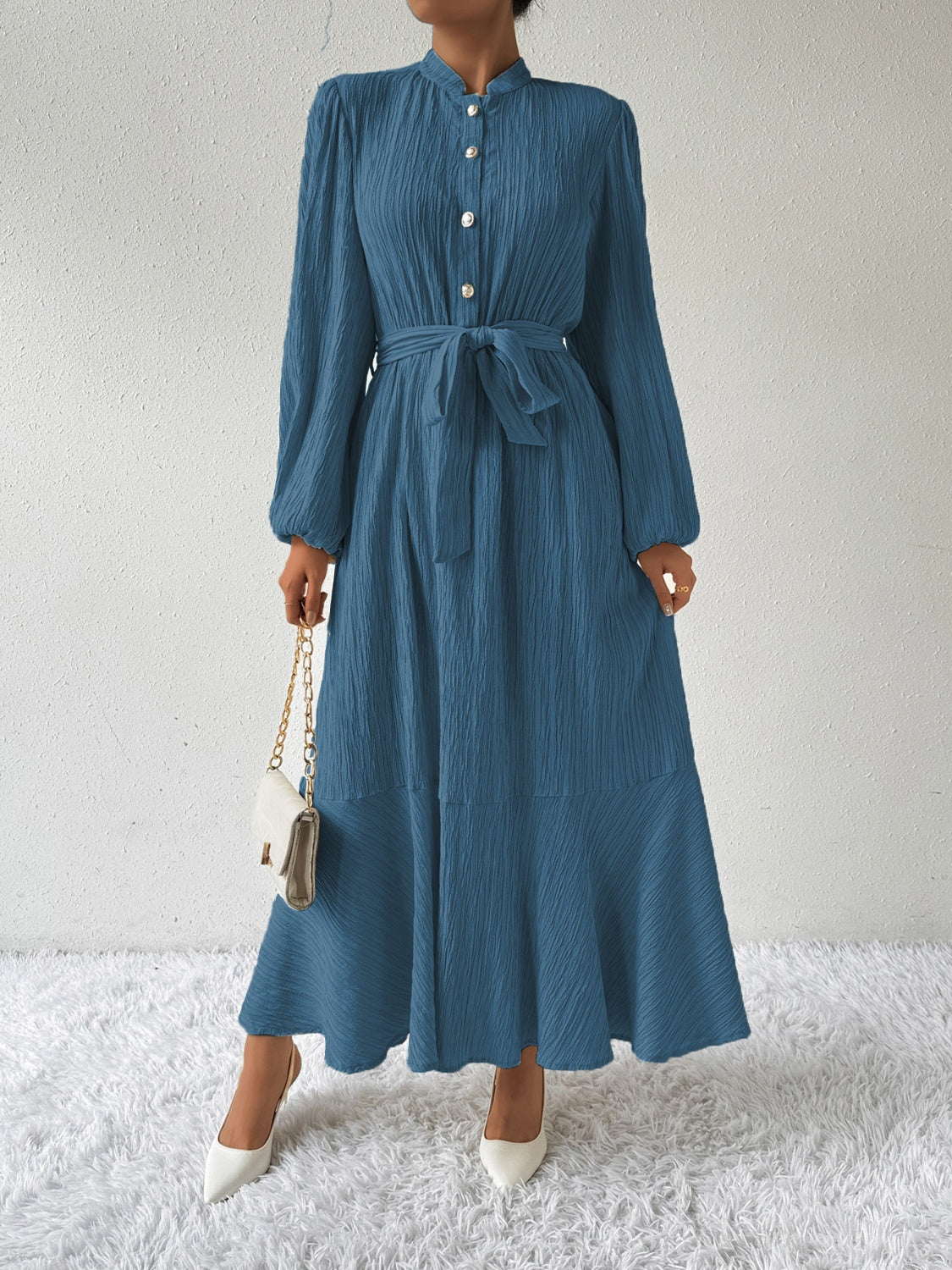 Delaney Chic Long Sleeved Maxi Dress with Tie Belt Elevated Occasion Wear