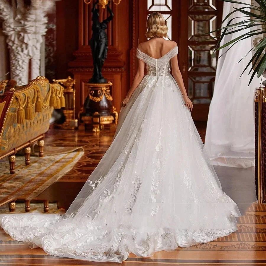 V-neck Sexy Romantic Wedding Dress 2023 A-line Floor-length Charming Off The Shoulder Beaded Appliques Bridal (ZD13358)