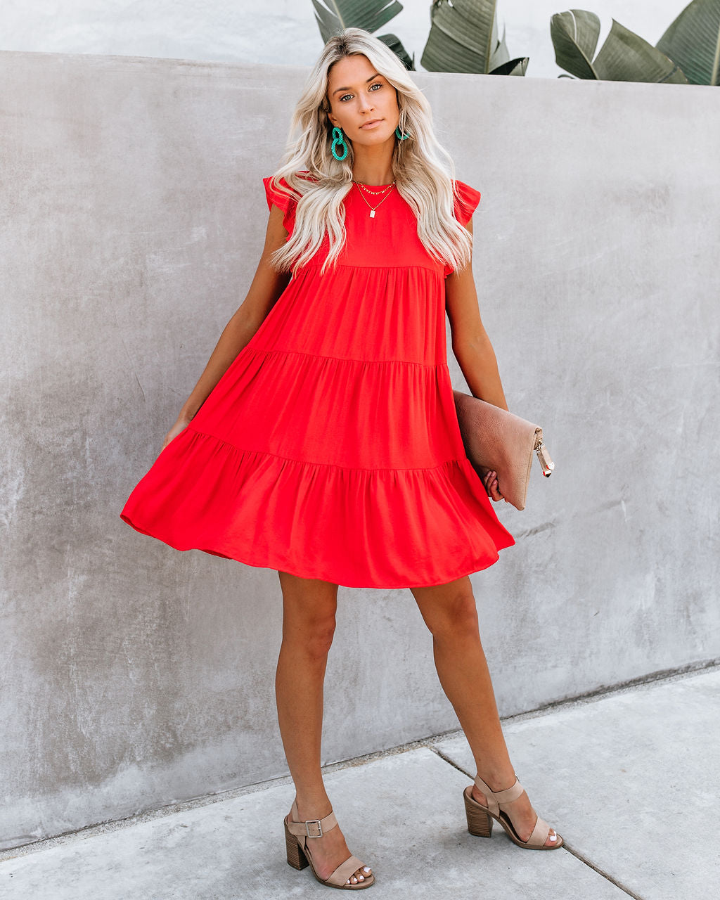 East Coast Pocketed Tiered Babydoll Dress Red