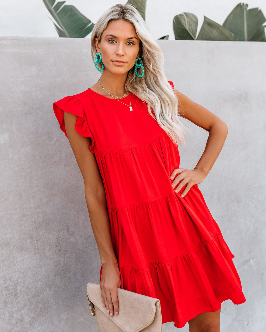East Coast Pocketed Tiered Babydoll Dress Red