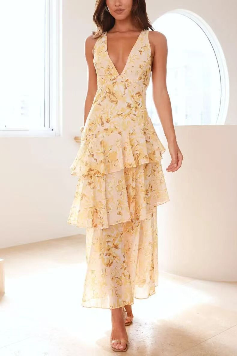 Chiffon Halter Slim Ruffle Maxi Floral Dress