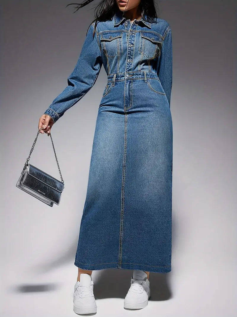 Zola Statement Long Sleeved Denim Maxi Dress Chic Silhouette Collection