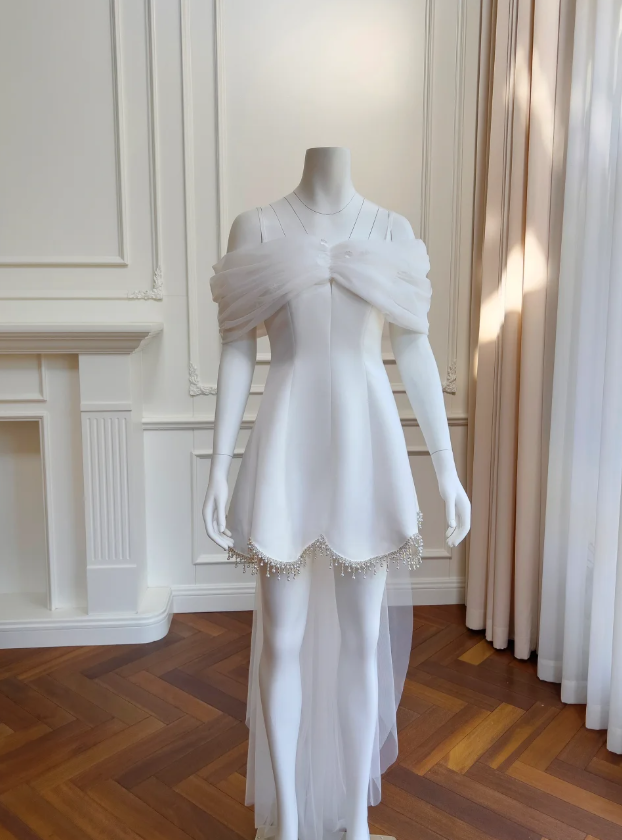 Dream Off The Shoulder White Satin Tulle Homecoming Dress Mini Party Dress Y8585 - VelvetHem