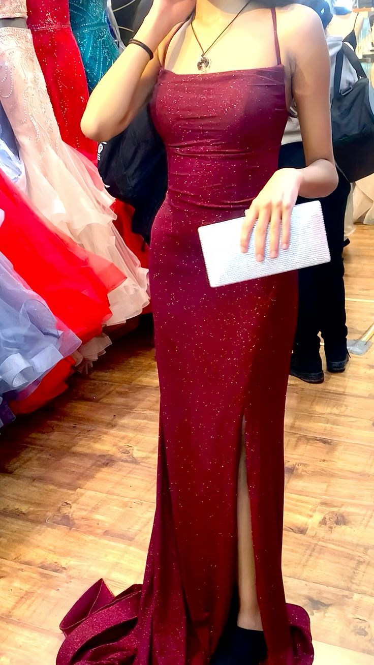 Sexy Mermaid Spaghetti Straps Burgundy Long Evening Dress Satin Prom Dresses
