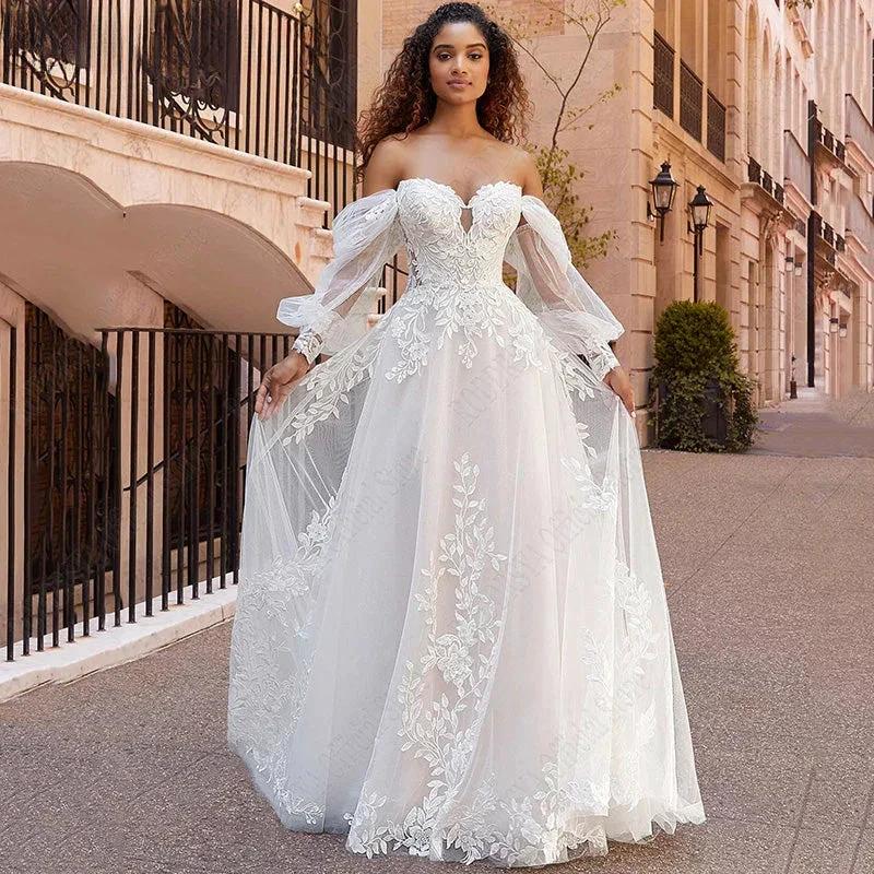 RODDRSYA Beach Wedding Dresses Lace Puff Sleeves Bridal Gowns Princess Off Shoulder Vestido De Novia Appliques Tulle Sweep Train (ZD13340)