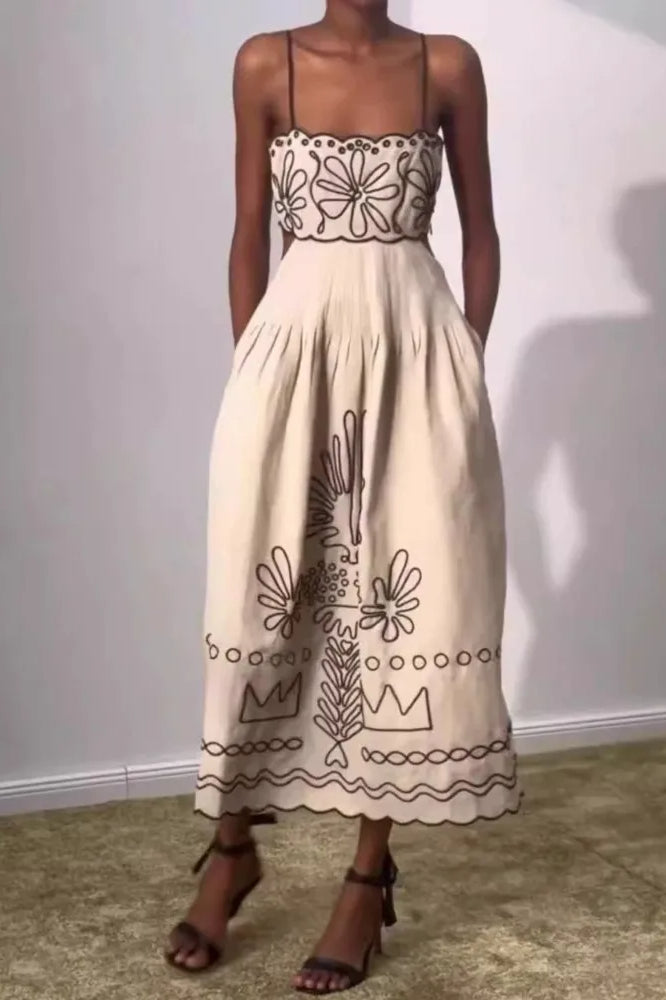 Contemporary Embroidered Spaghetti Strap Dress for Modern Fashion Wear