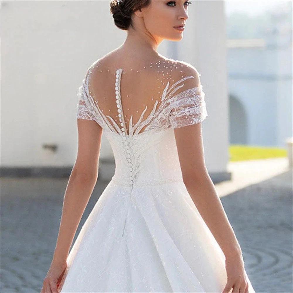 Charming Cap Sleeves Bridal Gowns 2024 Classic Lace A-Line Wedding Dress Backless O-Neck Vestidos De Novia Custome Made (ZD13470)