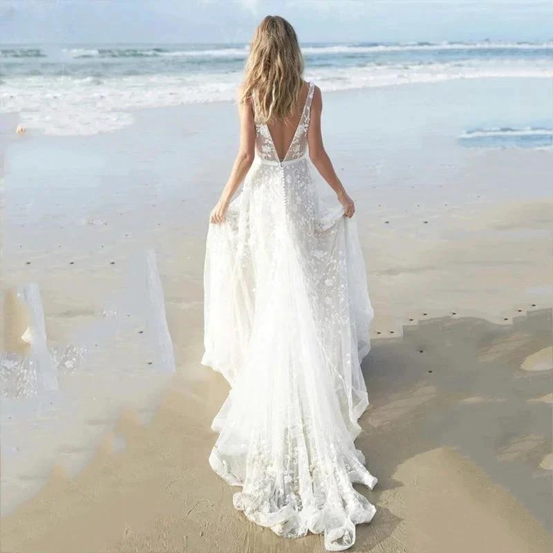 Tulle Beach Wedding Dress Charming Backless Appliques Bridal Gowns Deep V-Neck Spaghetti Straps vestido de noiva (ZD13449) - VelvetHem