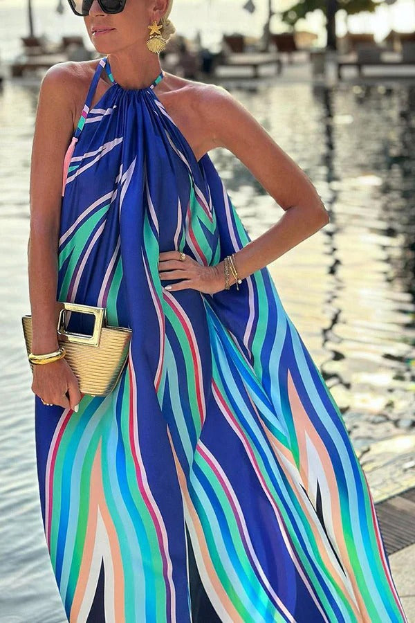 Ramona Chic Phuket Dinner Colorful Halterneck Maxi Dress with Wave Pattern and Tassels Designer Edit