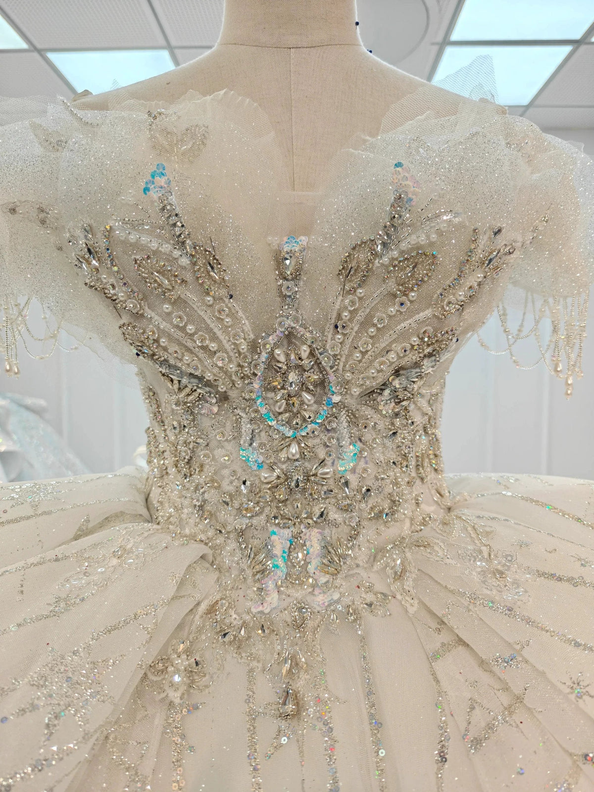 Ivory Starlight Off-Shoulder Ballgown Celestial Sequin Skirt & Beaded Tassel Bodice (ZD16790)