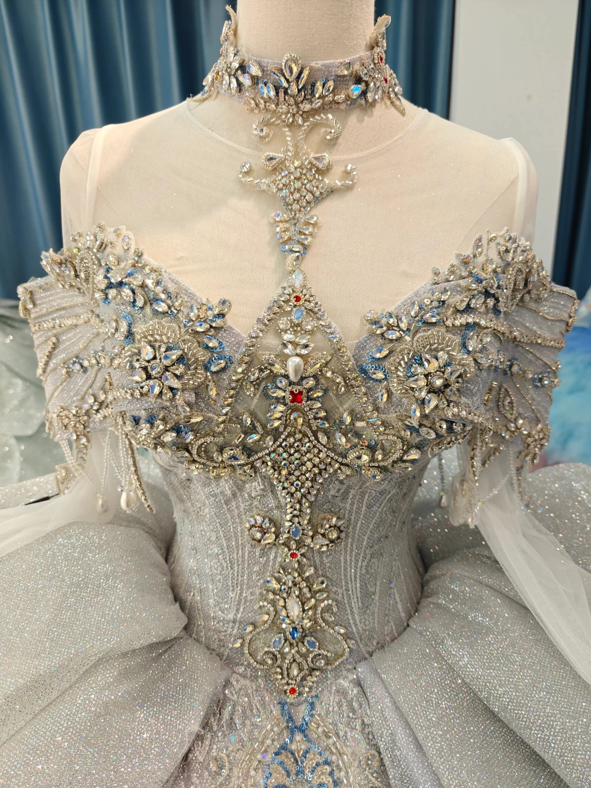 Regal Silver-Gray Off-the-Shoulder Ball Gown Wedding Dress with Crystal Collar, Beaded Embroidery & Tulle Train Ye-2032 by ZAPDRESS