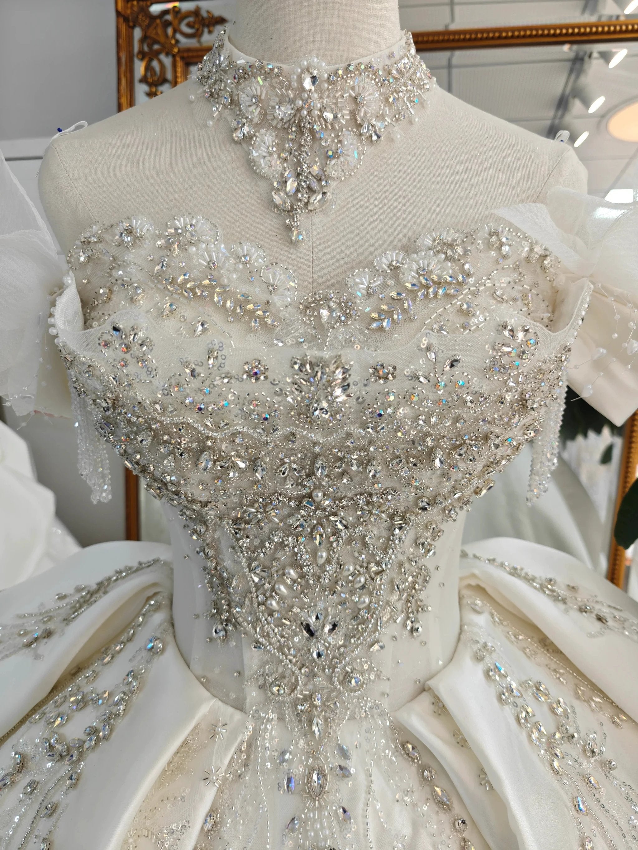 Champagne Glimmer Off-Shoulder Ballgown Crystal-Embroidered Skirt & Fringed Collar by ZAPDRESS