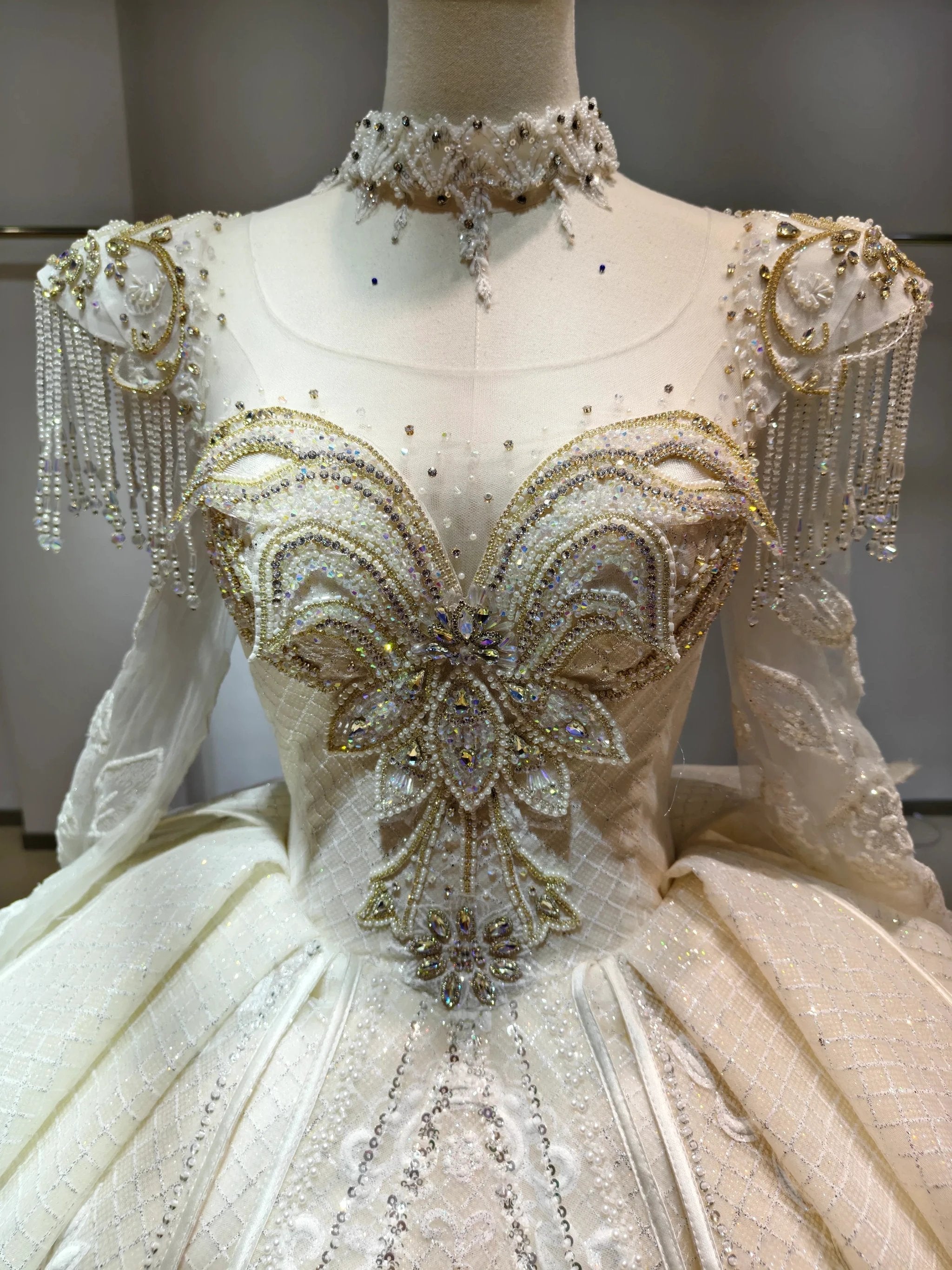 Ivory Gilded Butterfly Ballgown Crystal-Embroidered Bust & Fringed Collar (ZD16778)