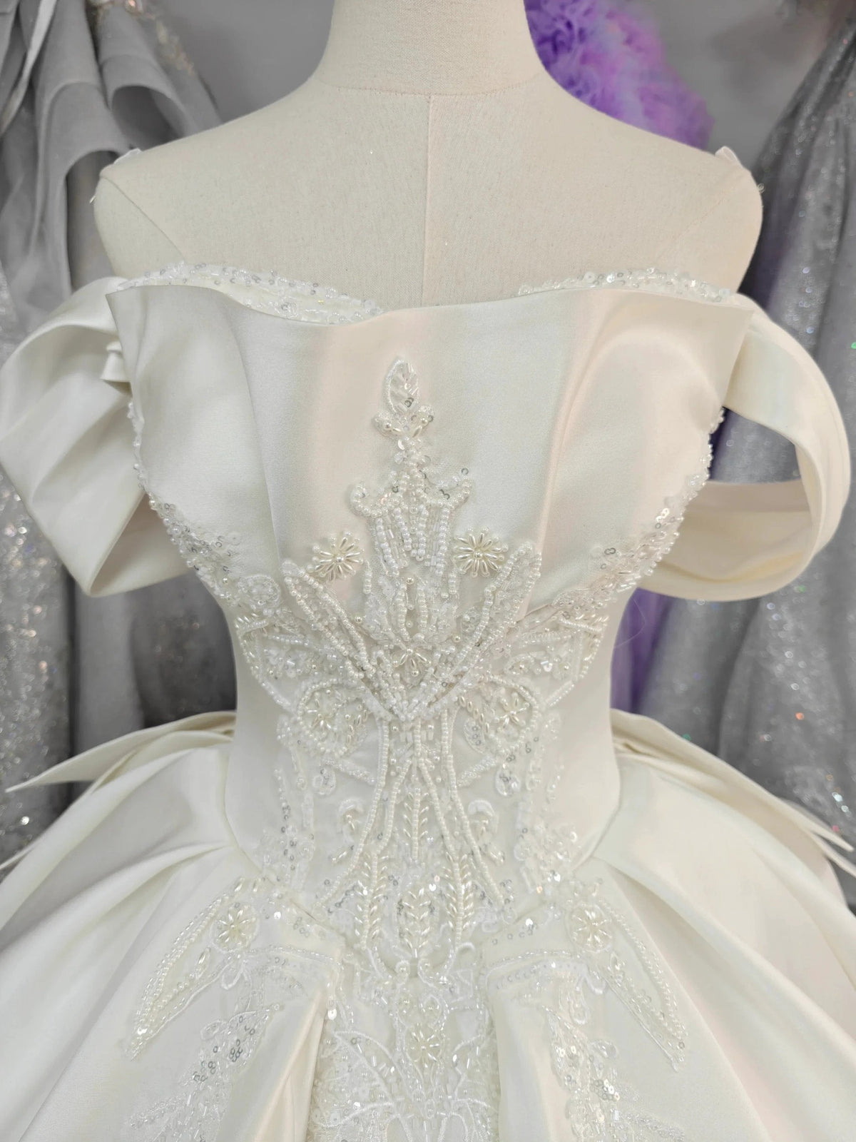 Ivory Lustre Off-Shoulder Ballgown Pearl-Embroidered Bodice & Cathedral Satin Train by ZAPDRESS
