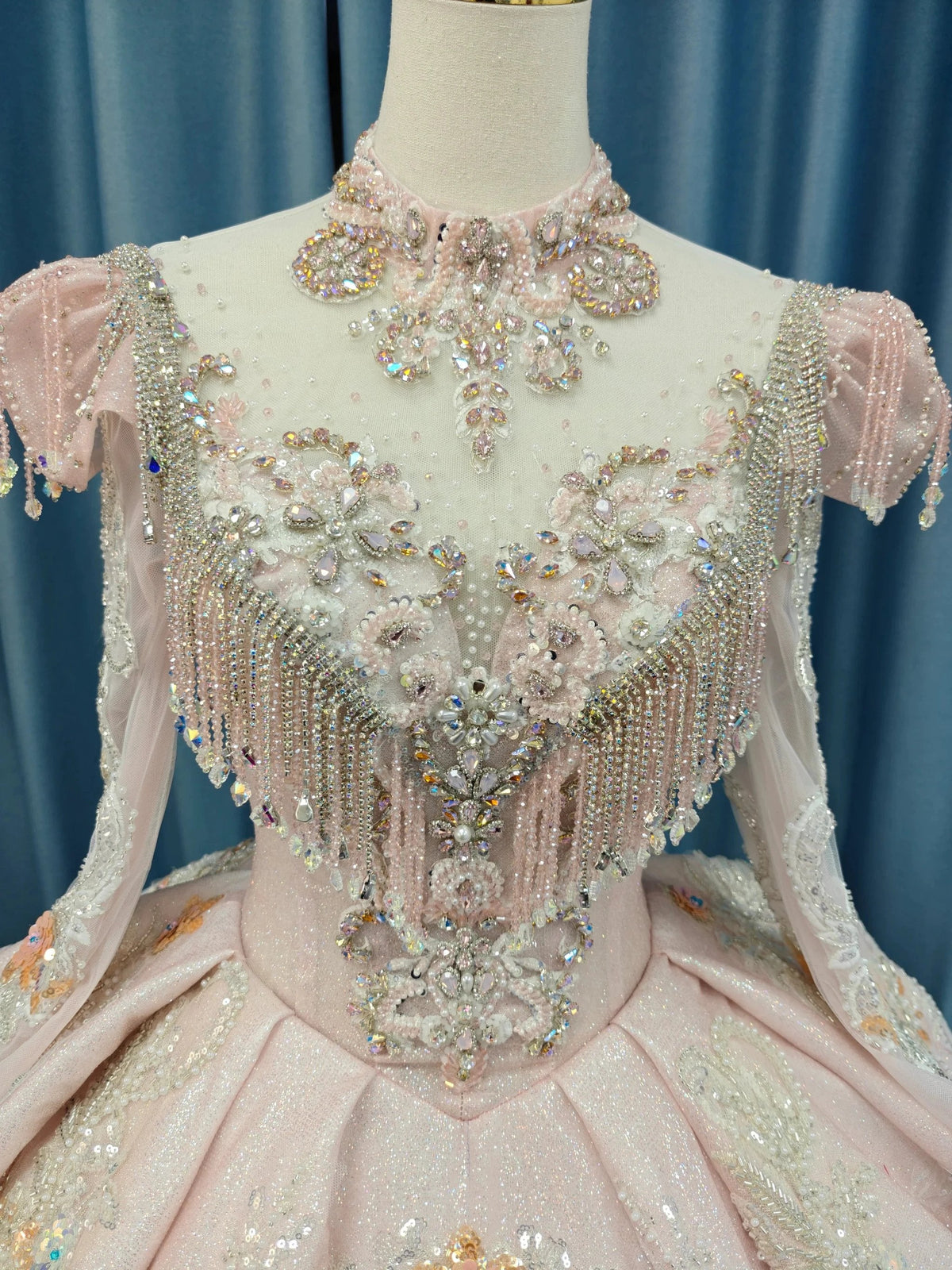Lavish Blush Pink High-Neck Ball Gown Wedding Dress with Beaded Fringe & 3D Floral Embroidery Ye-2026 by ZAPDRESS