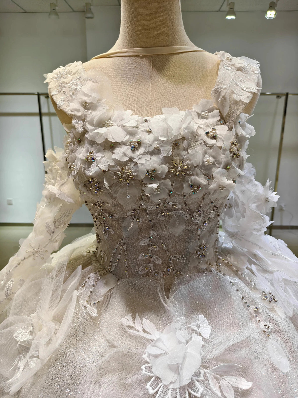 Ivory Petal Whisper Ballgown Organza Floral Bust & Bloom Train (ZD16777)