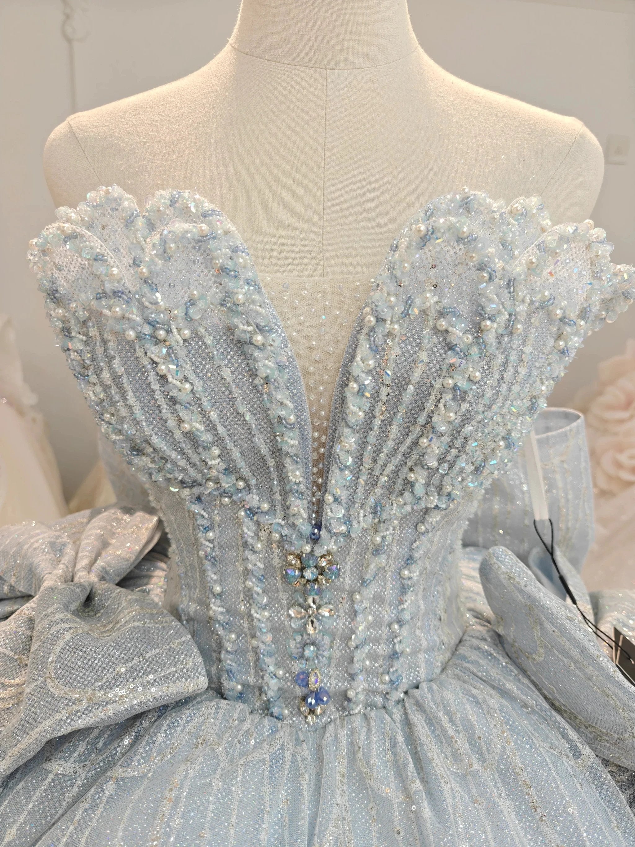 Dreamy Light Blue Sweetheart Ball Gown Wedding Dress with Sequin Tulle, Pearl Beading & Oversized Bow Ye-2029 by ZAPDRESS