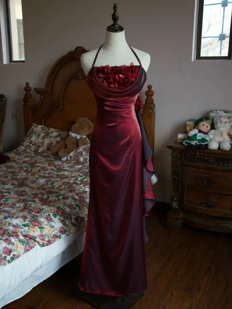 Vintage Burgundy Floral Long Prom Dress Halter Party Evening Gown - View 4 | VelvetHem