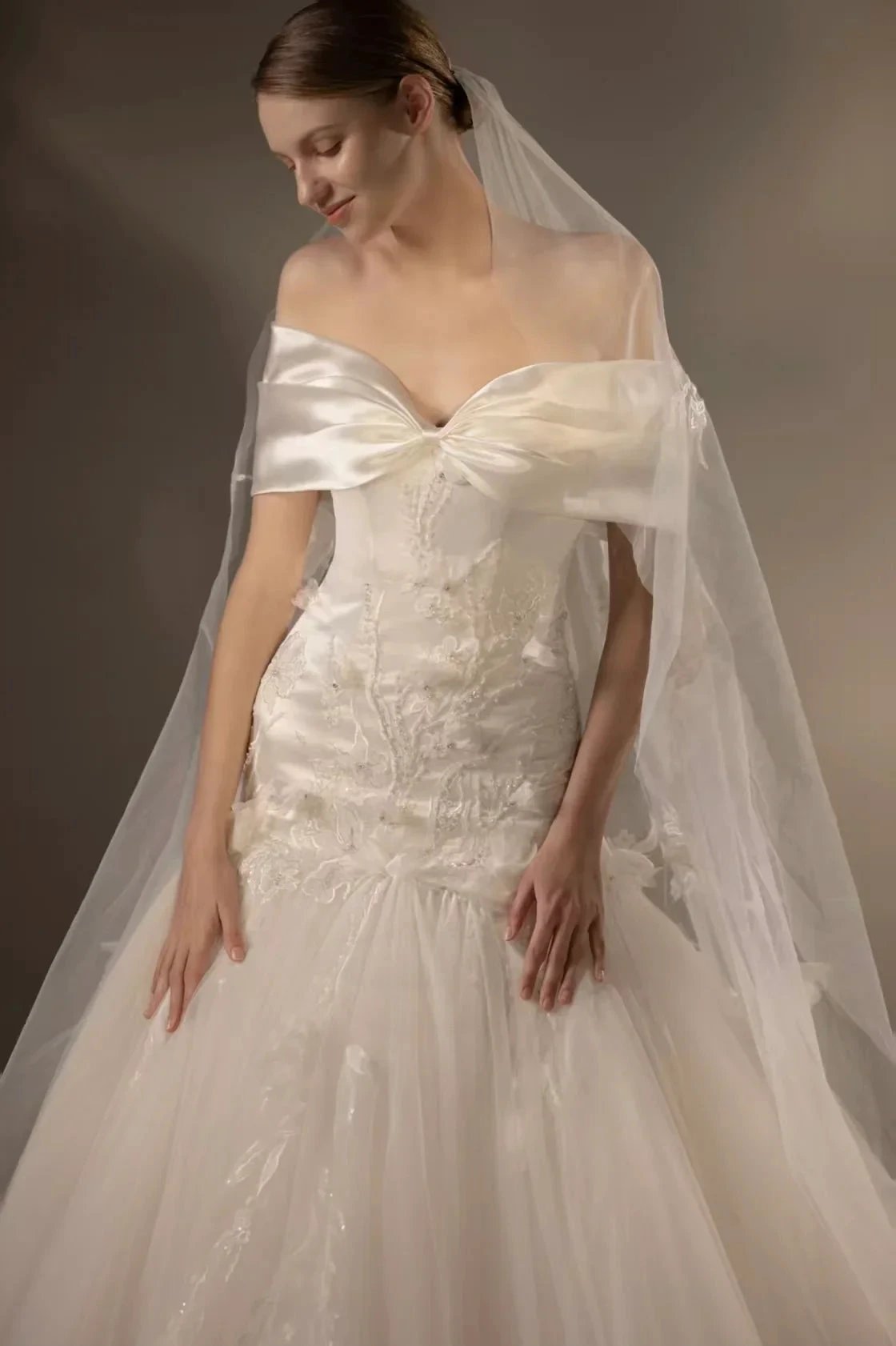 Gorgeous Long Ball Gown Off-the-Shoulder Satin & Tulle Wedding Dress with 3D Embroidery & Cathedral Train Q6013 by ZAPDRESS