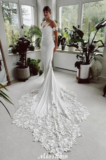 Eleagnt Long White Mermaid Off-the-shoulder Lace Wedding Dress with Train (ZD15575)