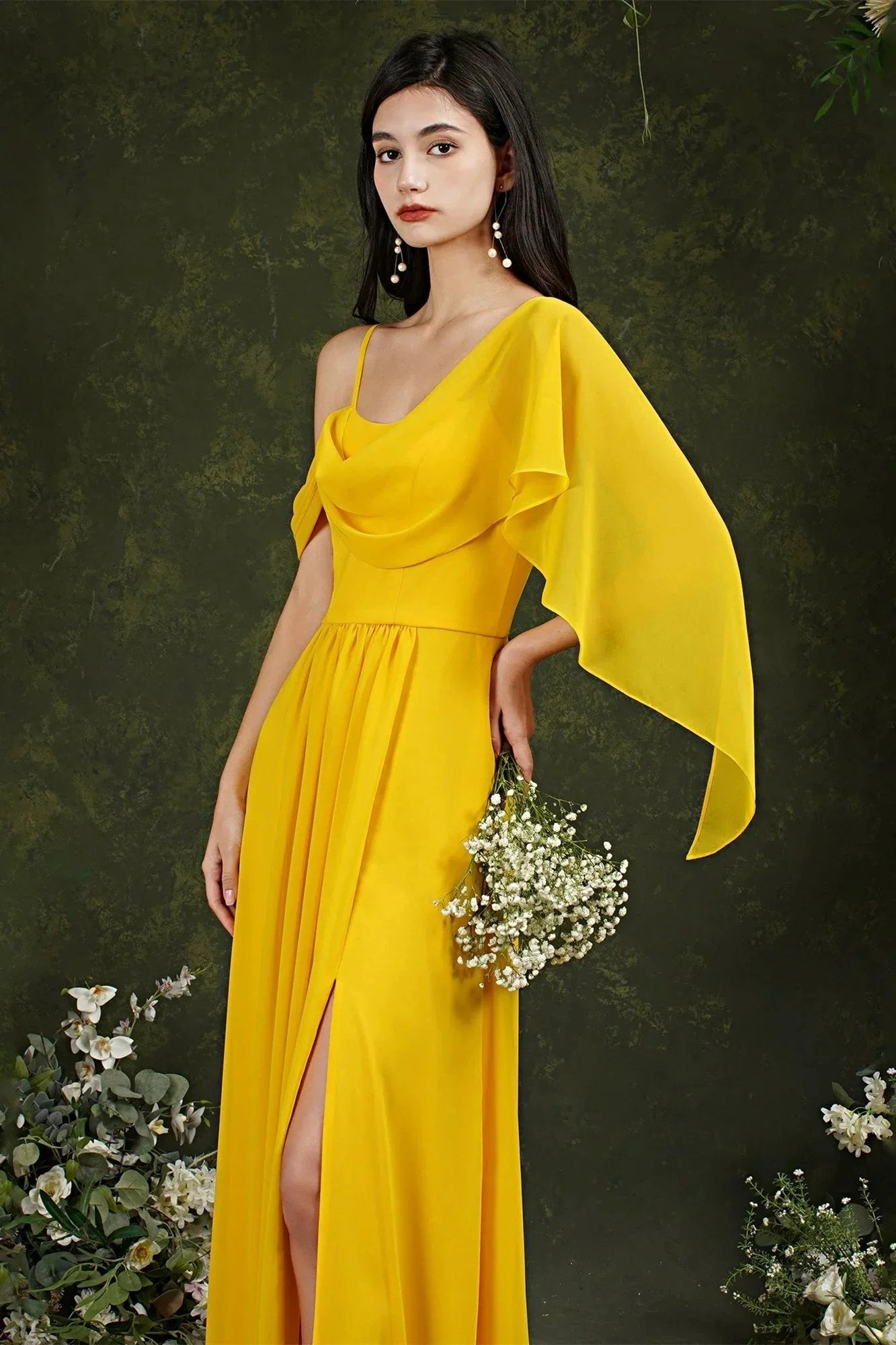 Elegant A-line Chiffon Ruffles Floor-length Split Bridesmaid Dress With Pockets (ZD13143)
