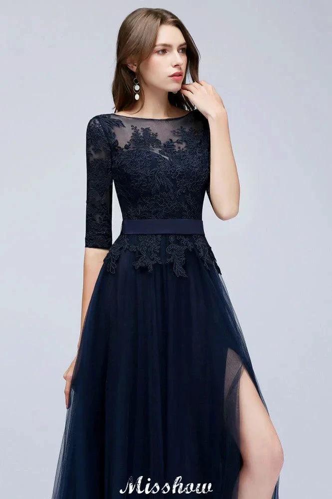 Elegant A-Line Half-Sleeves Lace Appliques Dark Navy Bridesmaid Dresses (ZD12930)