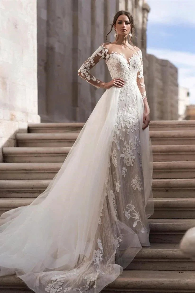 Elegant A-Line Lace Long Sleeves Wedding Dress With Detachable Train (ZD16394) - VelvetHem