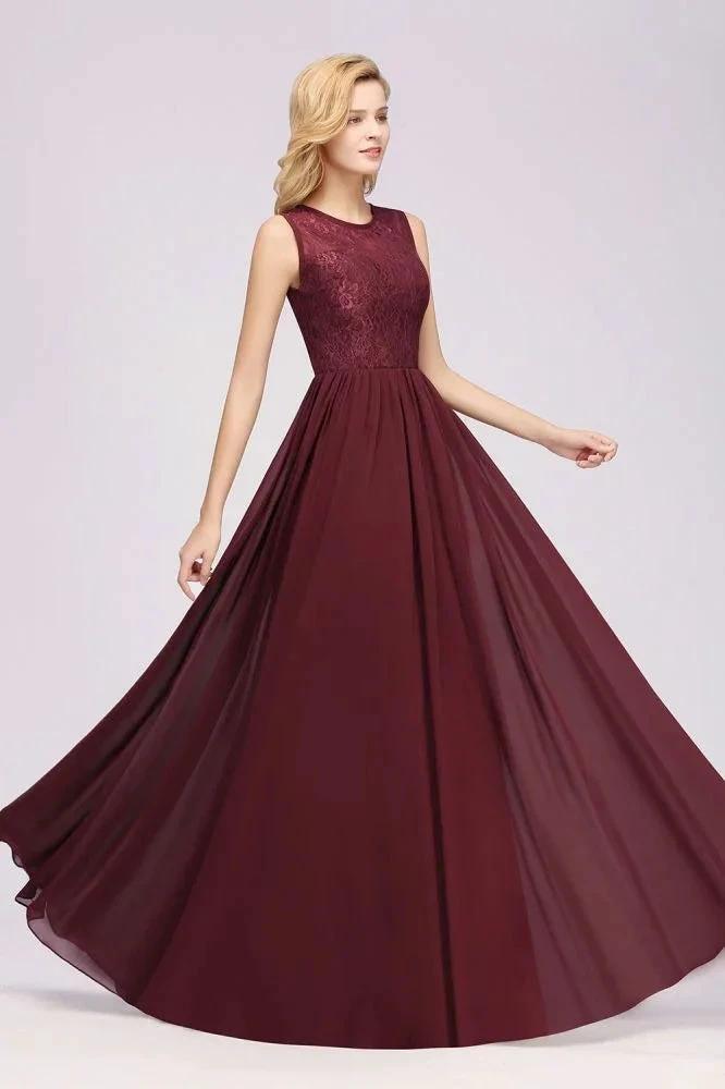 Elegant A-line Lace Sleeveless Bridesmaid Dresses Chiffon Jewel Ruffles Floor-Length Evening Dress with Appliques by misshow.com