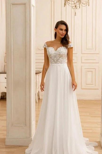 Elegant A-Line Lace Sweetheart Sleeveless White Wedding Dresses With Appliques Ruffles (ZD16669) - VelvetHem