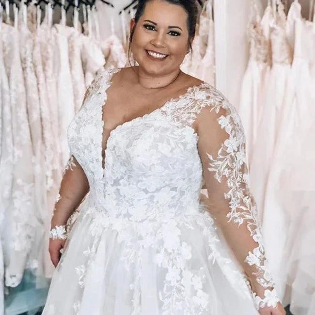 Elegant A-line Lace V-neck Plus Size wedding dresses with Long sleeves (ZD14526)