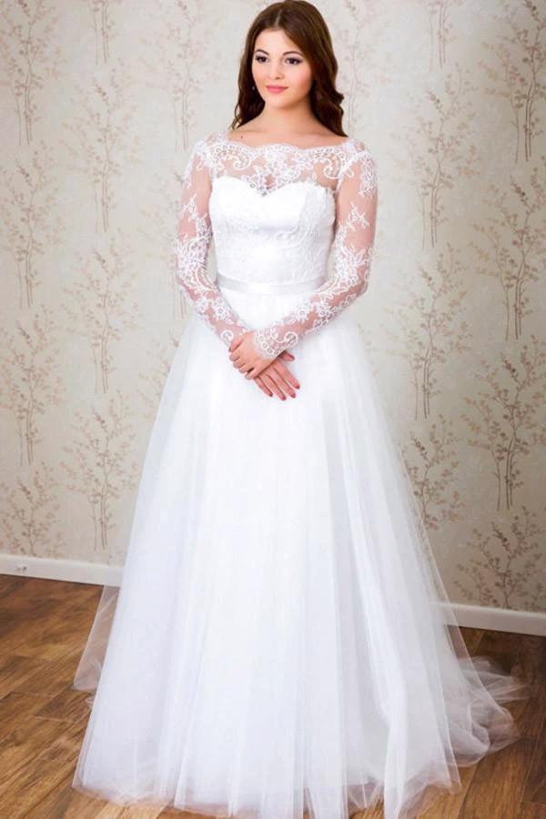 Elegant A-line Long Sleeves White Lace Wedding Dress Bridal Gowns (ZD15476) - VelvetHem