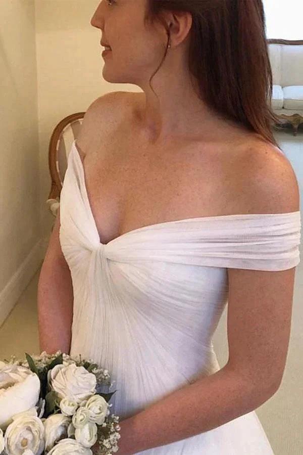Elegant A-line Off the Shoulder Tulle Ivory Long Wedding Dresses (ZD16028)