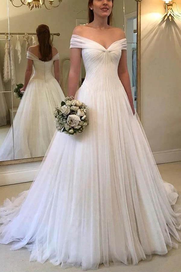 Elegant A-line Off the Shoulder Tulle Ivory Long Wedding Dresses (ZD16028)