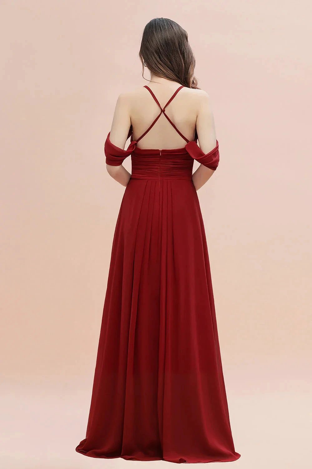 Elegant A-line Off-the-Shoulder V-neck Ruched Long Bridesmaid Dress (ZD12874)