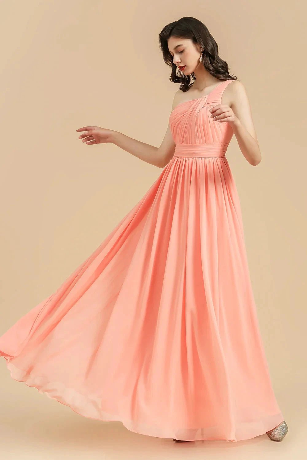 Elegant A-line One Shoulder Coral Chiffon Long Bridesmaid Dress (ZD12869)