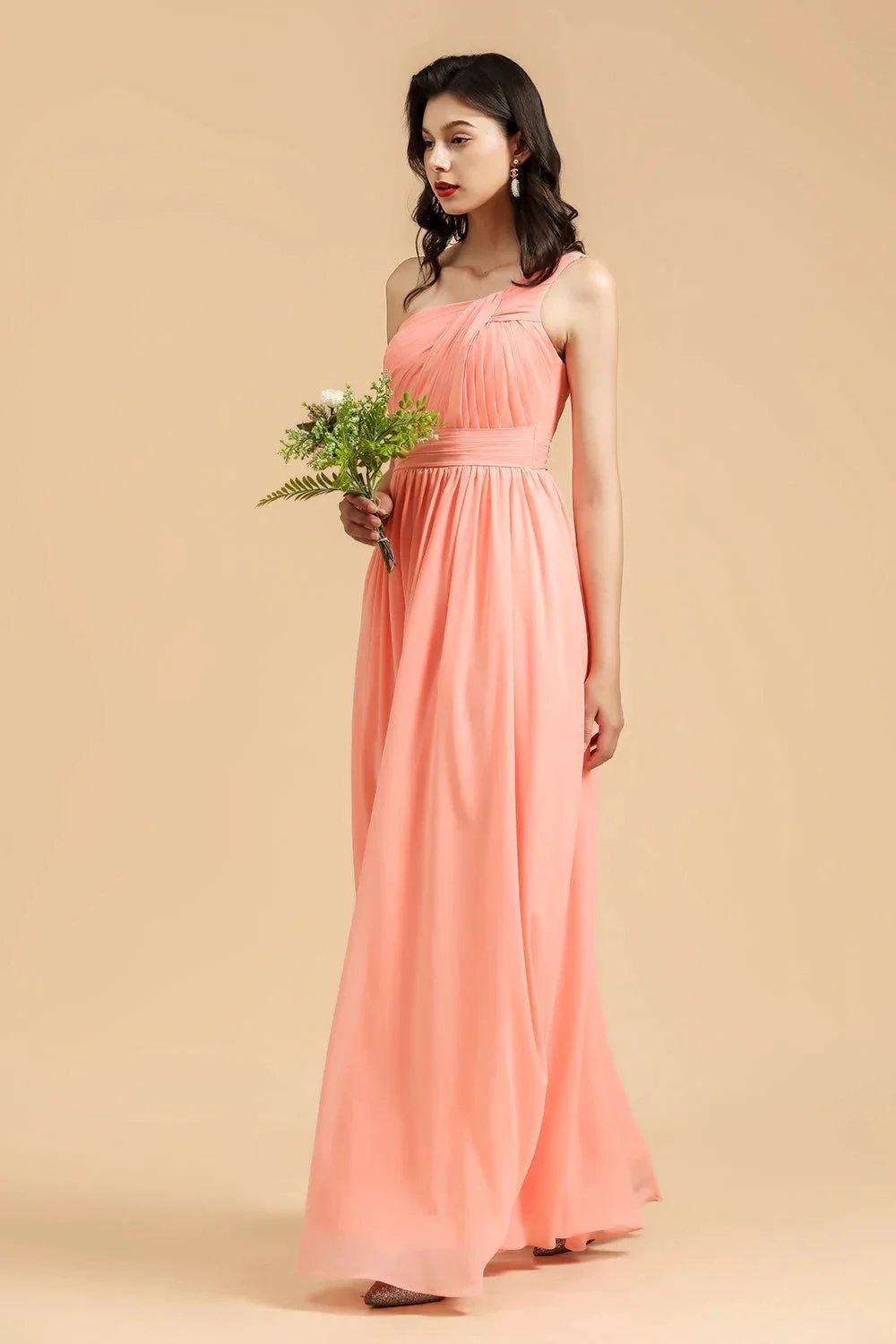 Elegant A-line One Shoulder Coral Chiffon Long Bridesmaid Dress (ZD12869)