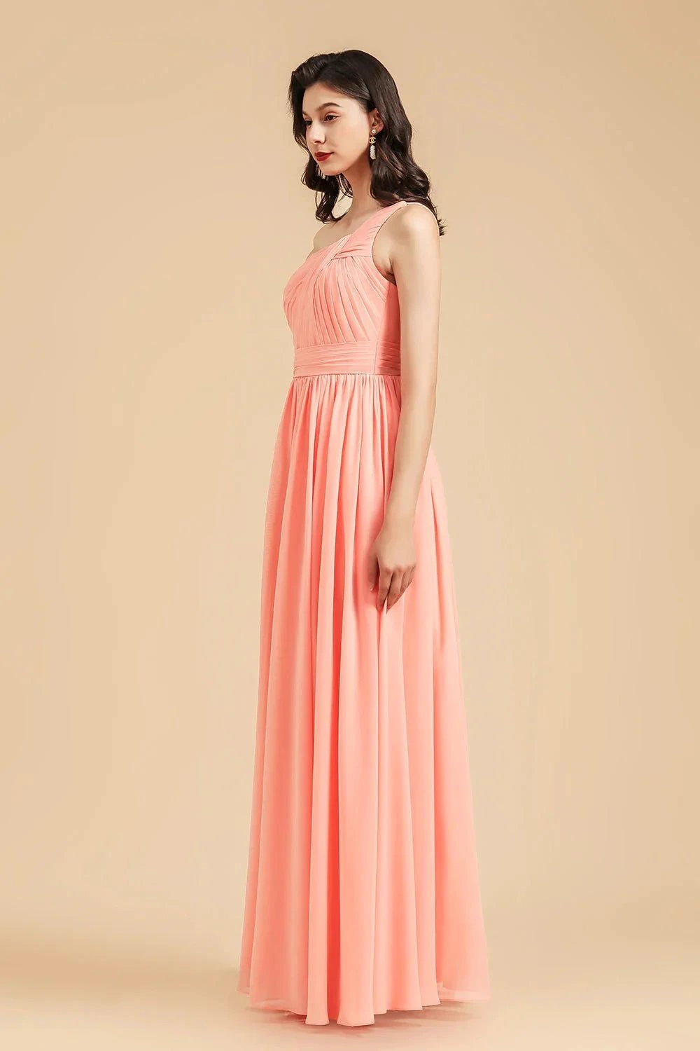 Elegant A-line One Shoulder Coral Chiffon Long Bridesmaid Dress (ZD12869)