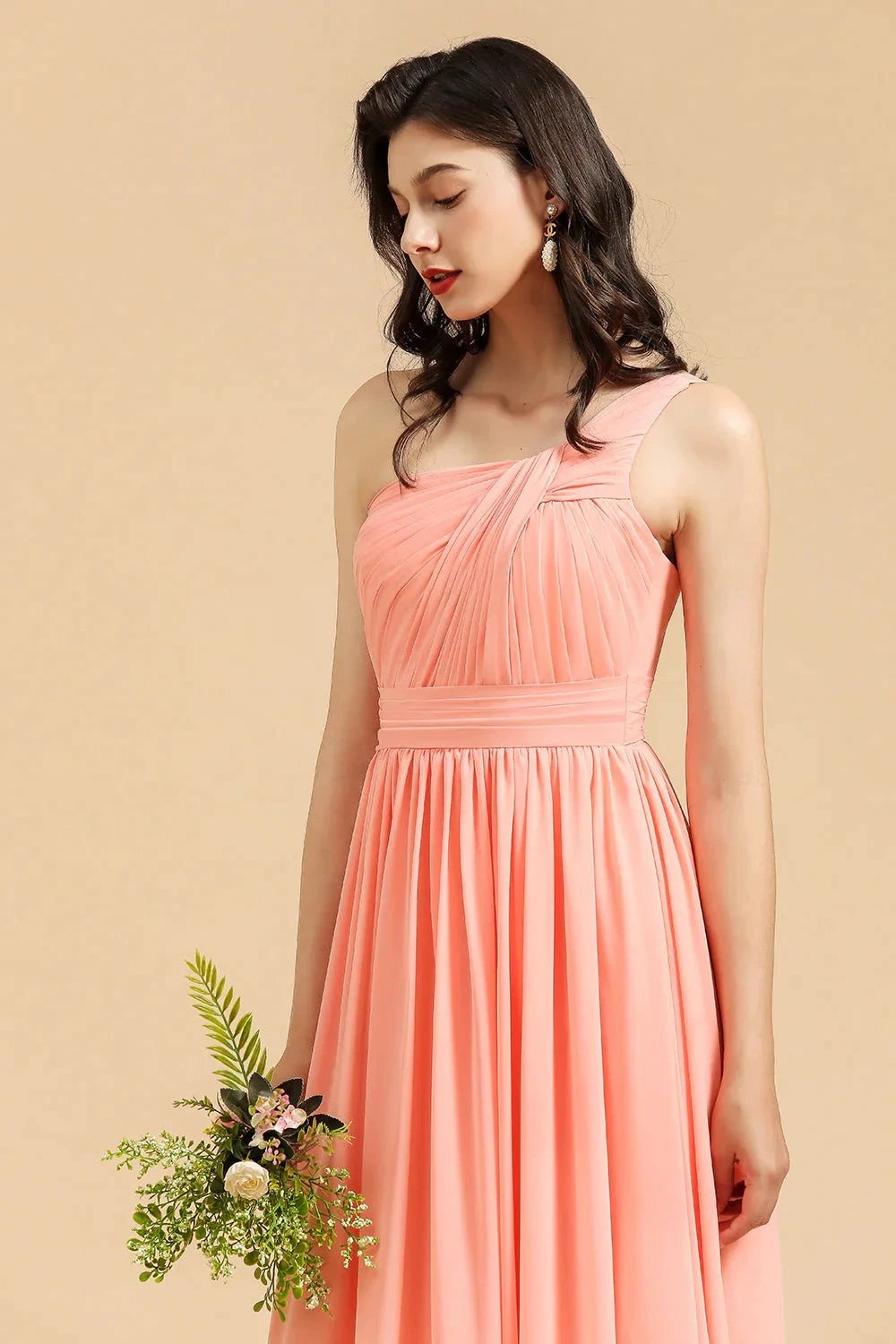 Elegant A-line One Shoulder Coral Chiffon Long Bridesmaid Dress (ZD12869)