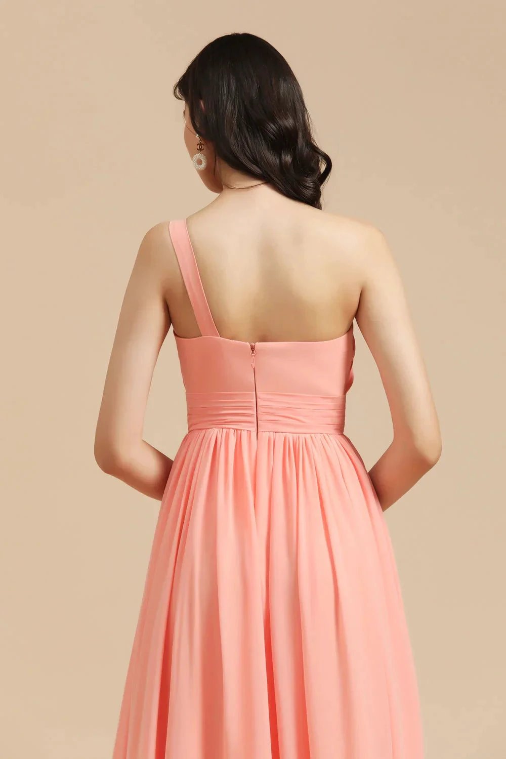 Elegant A-line One Shoulder Coral Chiffon Long Bridesmaid Dress (ZD12869)