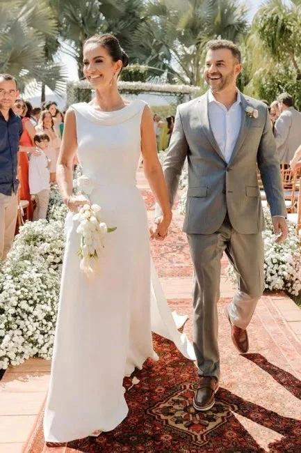 Elegant A-Line Satin Sleeveless White Wedding Dress With Train (ZD16637)