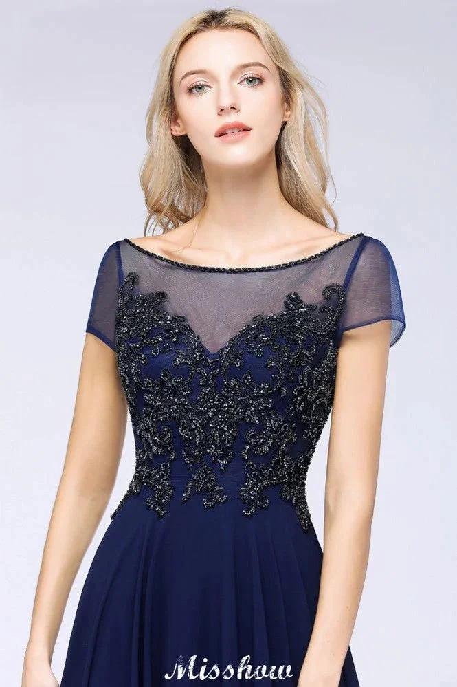 Elegant A-Line Short Sleeve Appliques Beads Bridesmaid Dresses Floor-Length Evening Dress (ZD12886)