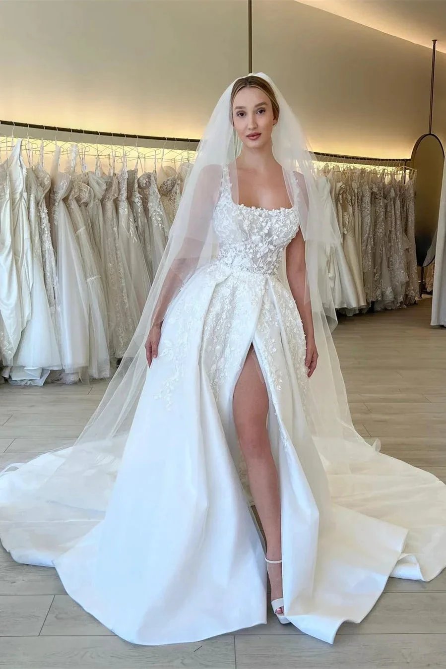 Elegant A-line Straps Flowers Sleeveless Lace Wedding Dress With Slit (ZD14548) - VelvetHem