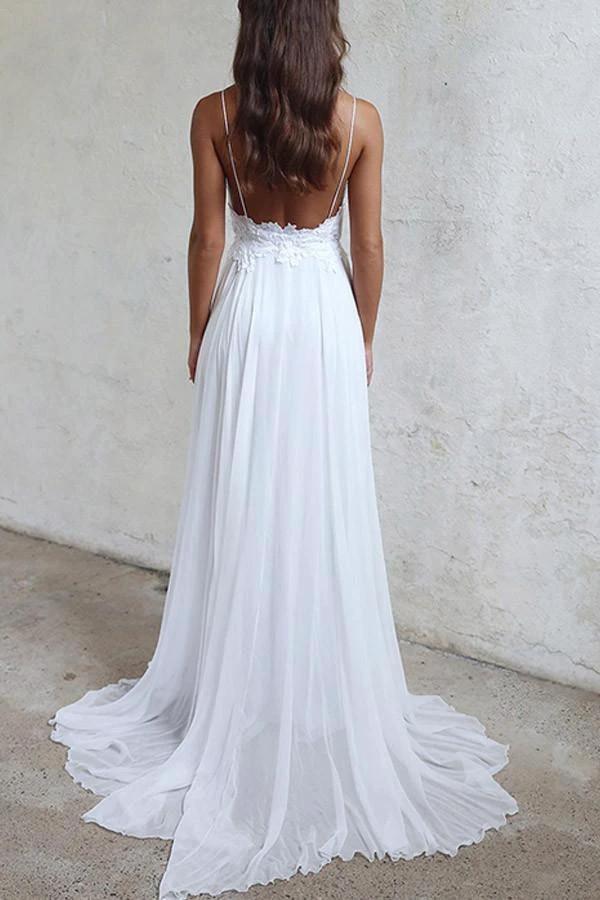 Elegant A-line Straps White Long Chiffon Beach Wedding Dress (ZD16316)