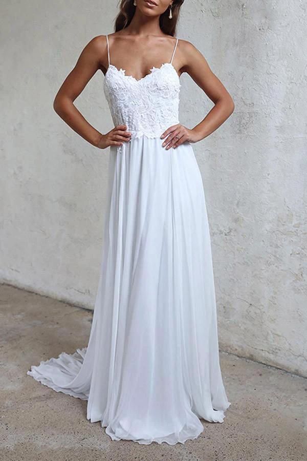 Elegant A-line Straps White Long Chiffon Beach Wedding Dress (ZD16316)