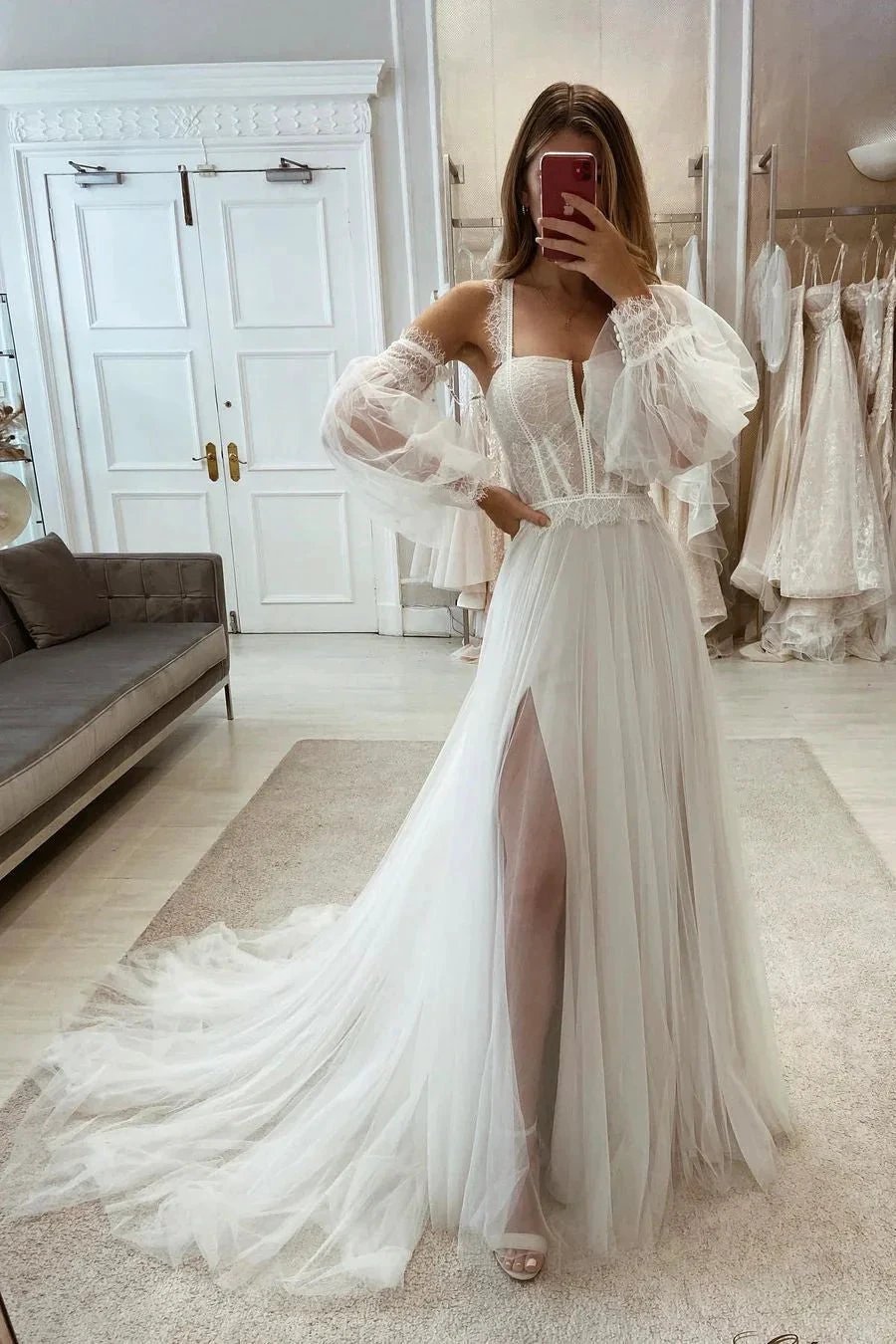 Elegant A-line Tull Lace Split Wedding Dress With Sleeves (ZD14561)