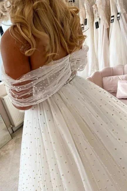 Elegant A-line White Off-the-Shoulder Pearls Sleeveless Wedding Dress (ZD14503)